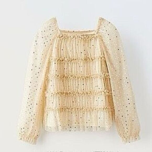 ZARA Sparkly Gold Metallic Polka Dot Festive Blouse Size 13-14 Girls - Picture 1 of 10